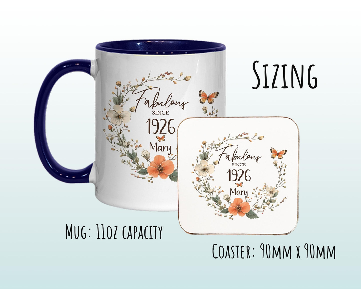 100th Birthday Gift for Women - Fabulous Since 1926 Personalised Mug Coaster Age 100 Gift for Her Ladies Floral Butterfly Mum Nan BNL100M