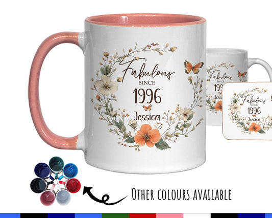 30th Birthday Gift for Her - Fabulous Since 1996 Personalised Mug Coaster Age 30 Gift for Women Ladies Floral Butterfly Daughter Girl BNL30M