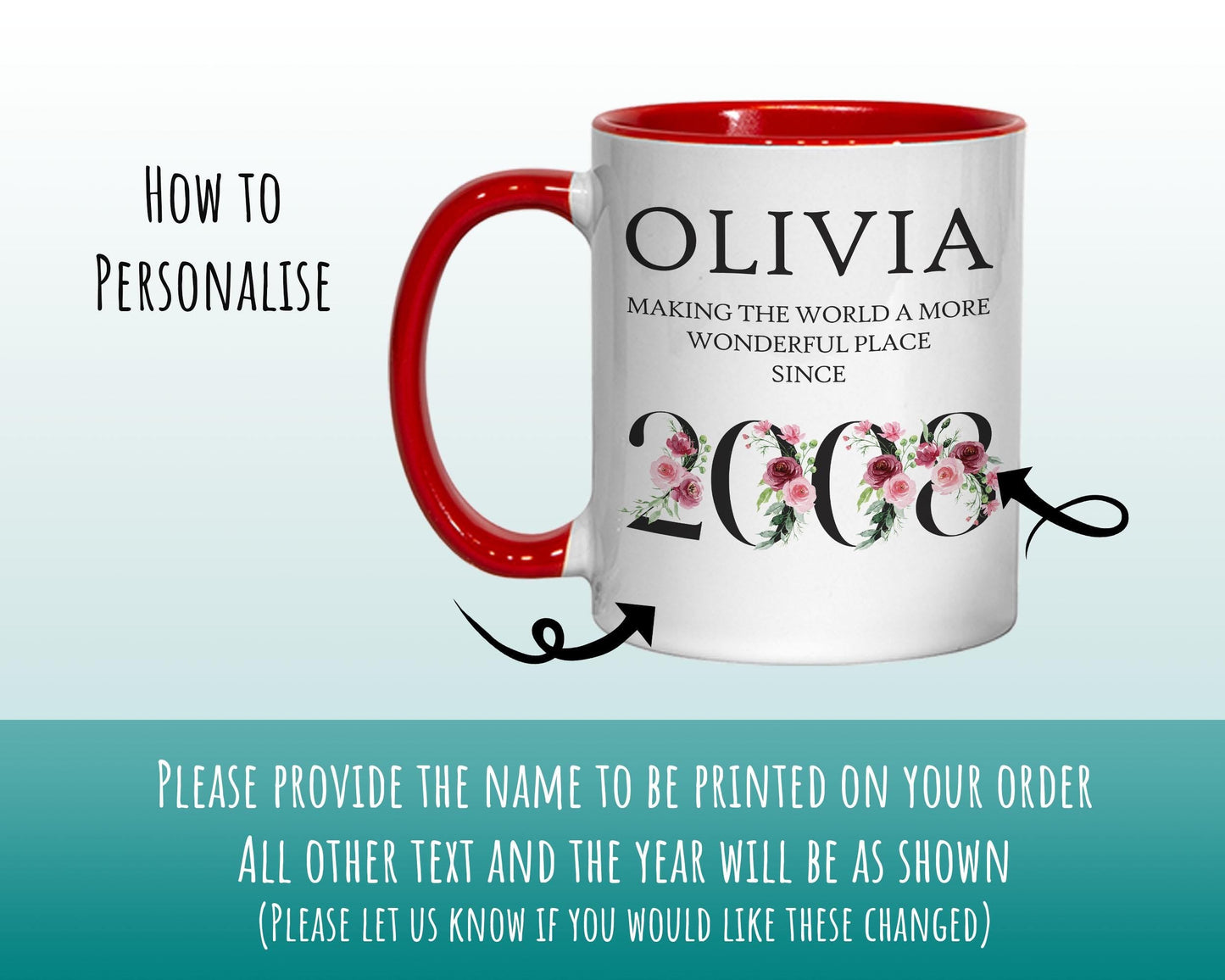 18th Birthday Gift for Her - Wonderful Since 2008 Personalised Coffee Mug Coaster Age 60 Gift for Women Ladies Floral Design Daughter BND18M
