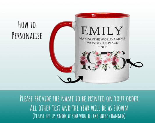 50th Birthday Gift for Women - Wonderful Since 1976 Personalised Coffee Mug Coaster Age 50 Gift for Her - Ladies Floral Design Mum BND50M