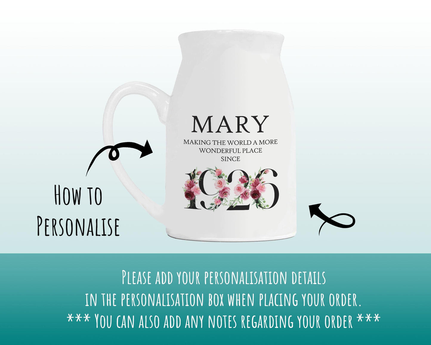 100th Birthday Gift for Women - Wonderful Since 1926 Small Personalised Flower Pot Vase 100 Gift for Her Ladies Floral Design Grandma BND100
