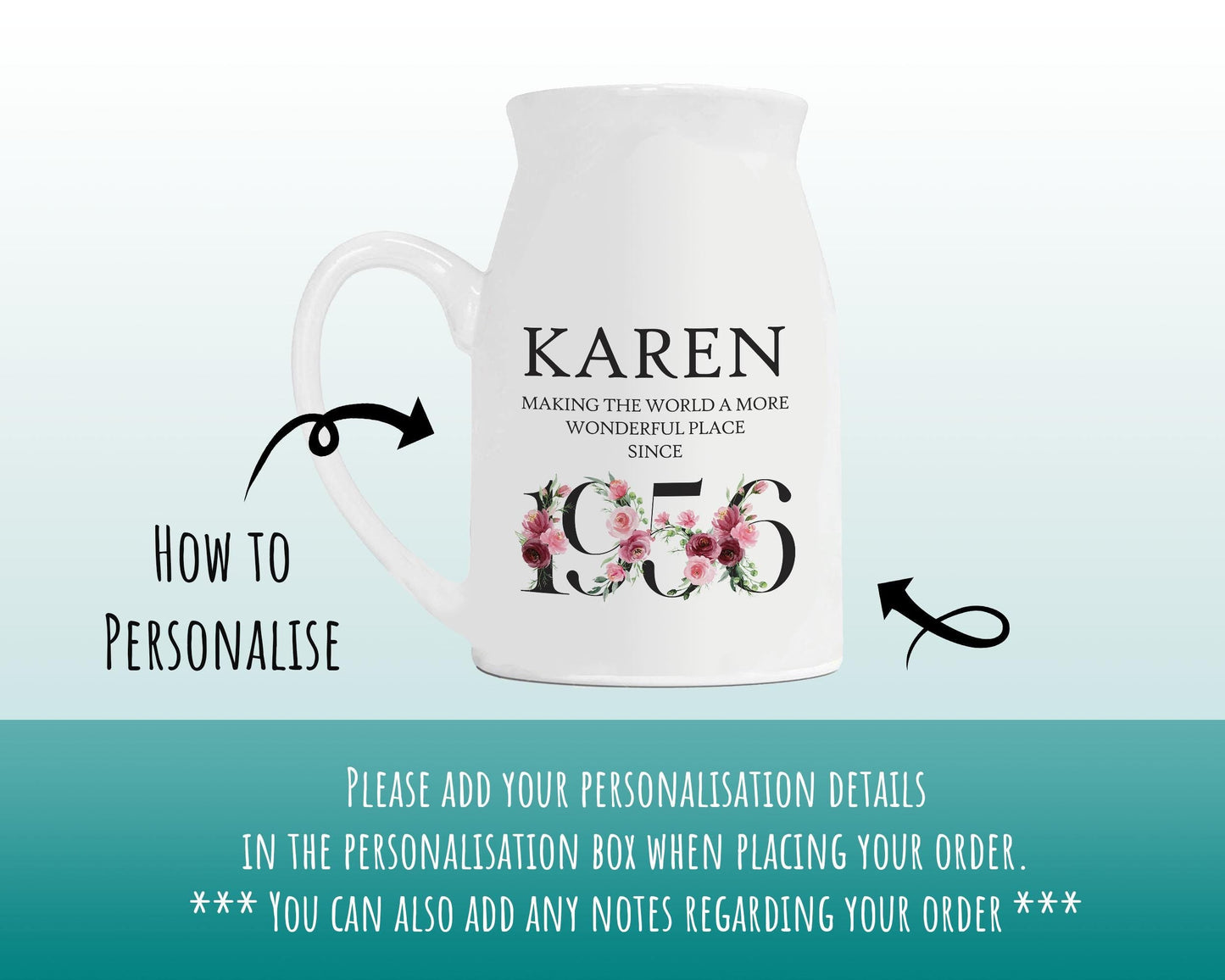 70th Birthday Gift for Women - Wonderful since 1956 Small Personalised Flower Pot Vase 70 Gift for Her Ladies Floral Design Nan Gran BND70