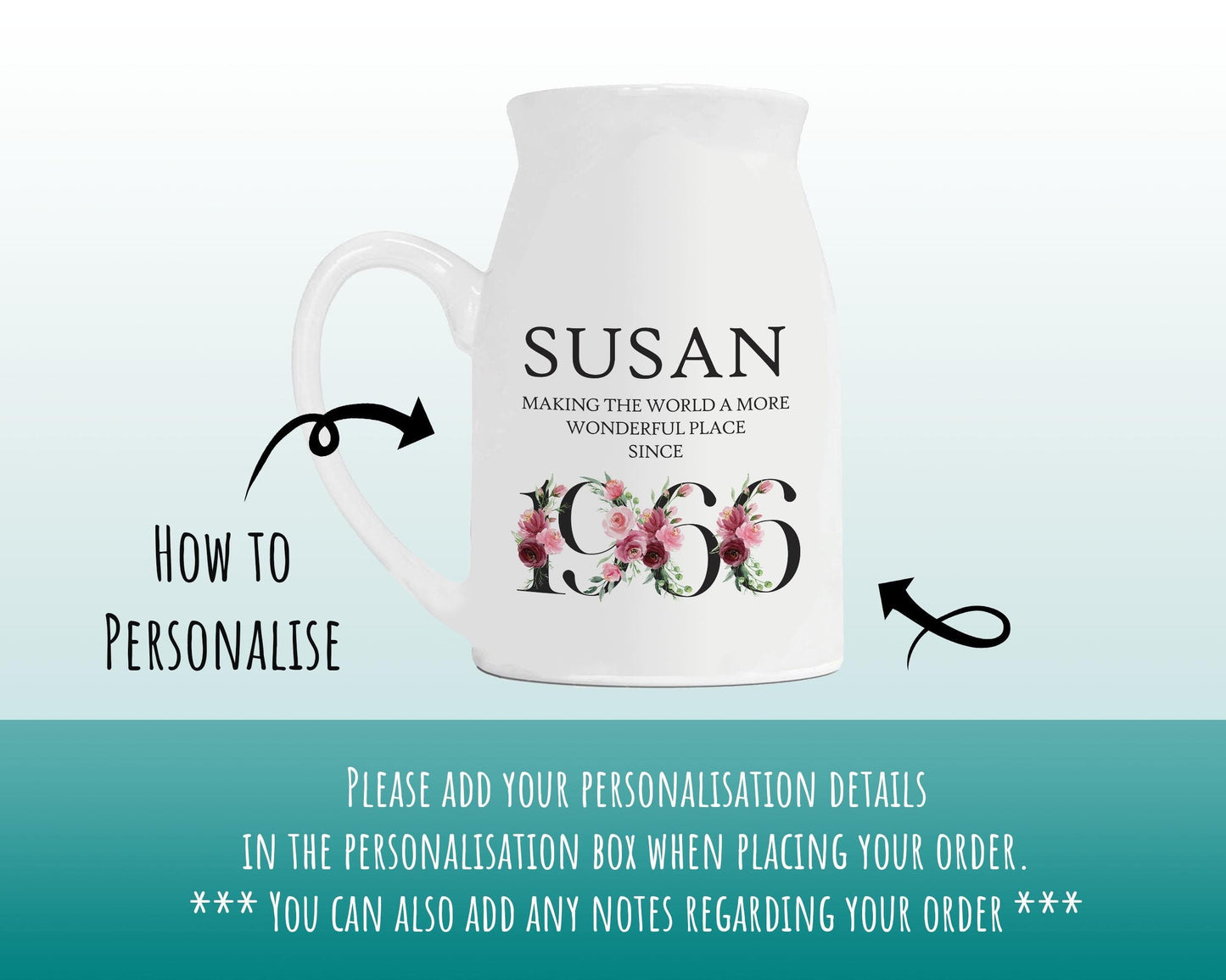 60th Birthday Gift for Women - Wonderful since 1966 Small Personalised Flower Pot Vase 60 Gift for Her Ladies Floral Design Mum Nan BND60