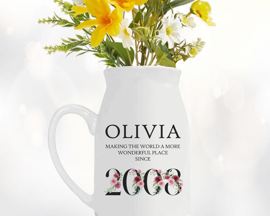 18th Birthday Gift for Her - Wonderful since 2008 Small Personalised Flower Pot Vase 18 Gift for Women Floral Design Daughter Sister BND18