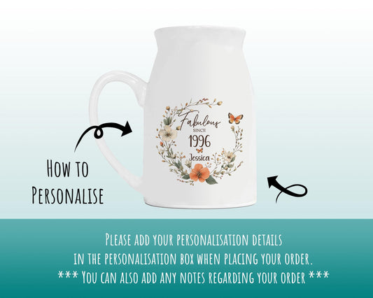 30th Birthday Gift for Her - Fabulous Since 1996 Small Personalised Flower Pot Vase 30 Gifts for Women Floral Design Daughter Sister BNL30
