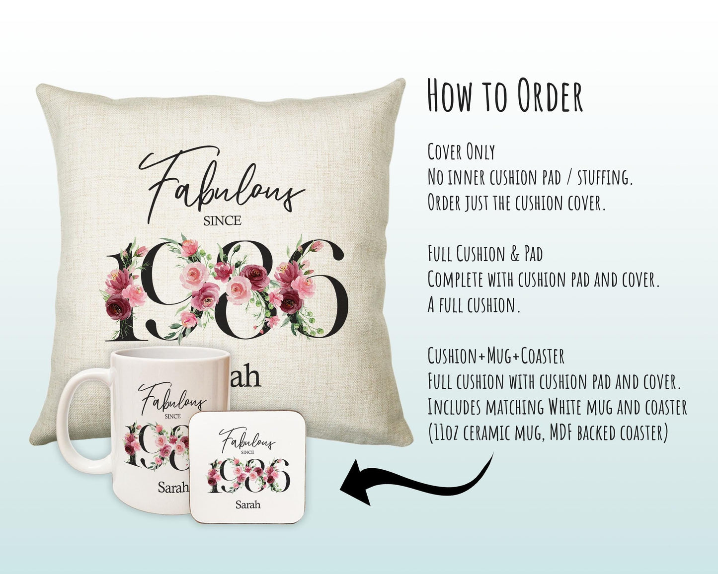 40th Birthday Gift for Women - Personalised 1986 Birthday Cushion Age 40 Gift for Her Ladies Floral Design Mum Daughter Sister Forty BNC40C