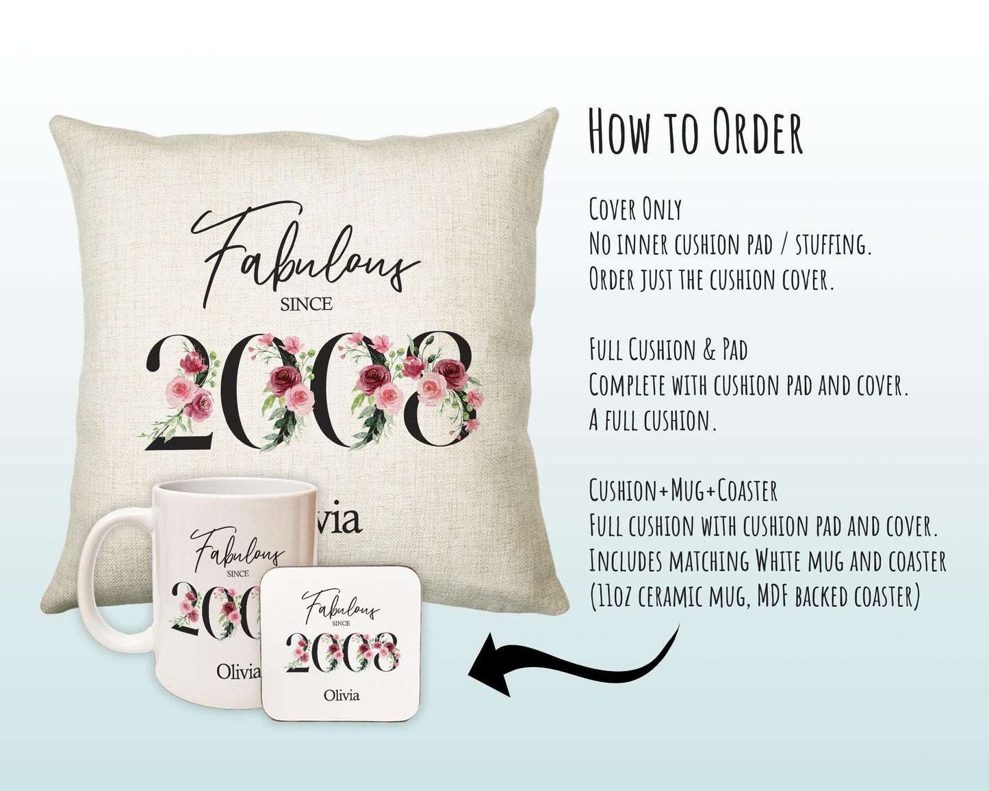 18th Birthday Gift for Women - Personalised 2008 Birthday Cushion Age 18 Gift for Her Ladies Floral Design Daughter Sister Eighteen BNC18C