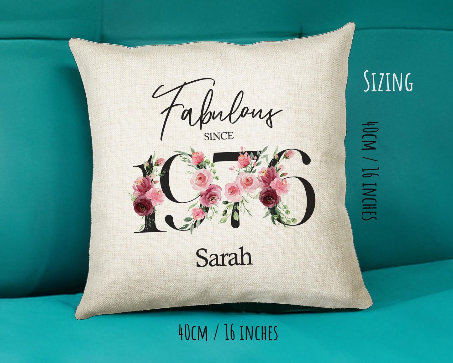 50th Birthday Gift for Women - Personalised 1976 Birthday Cushion Age 50 Gift for Her - Ladies Floral Design Mum Nan Sister Fifty BNC50C