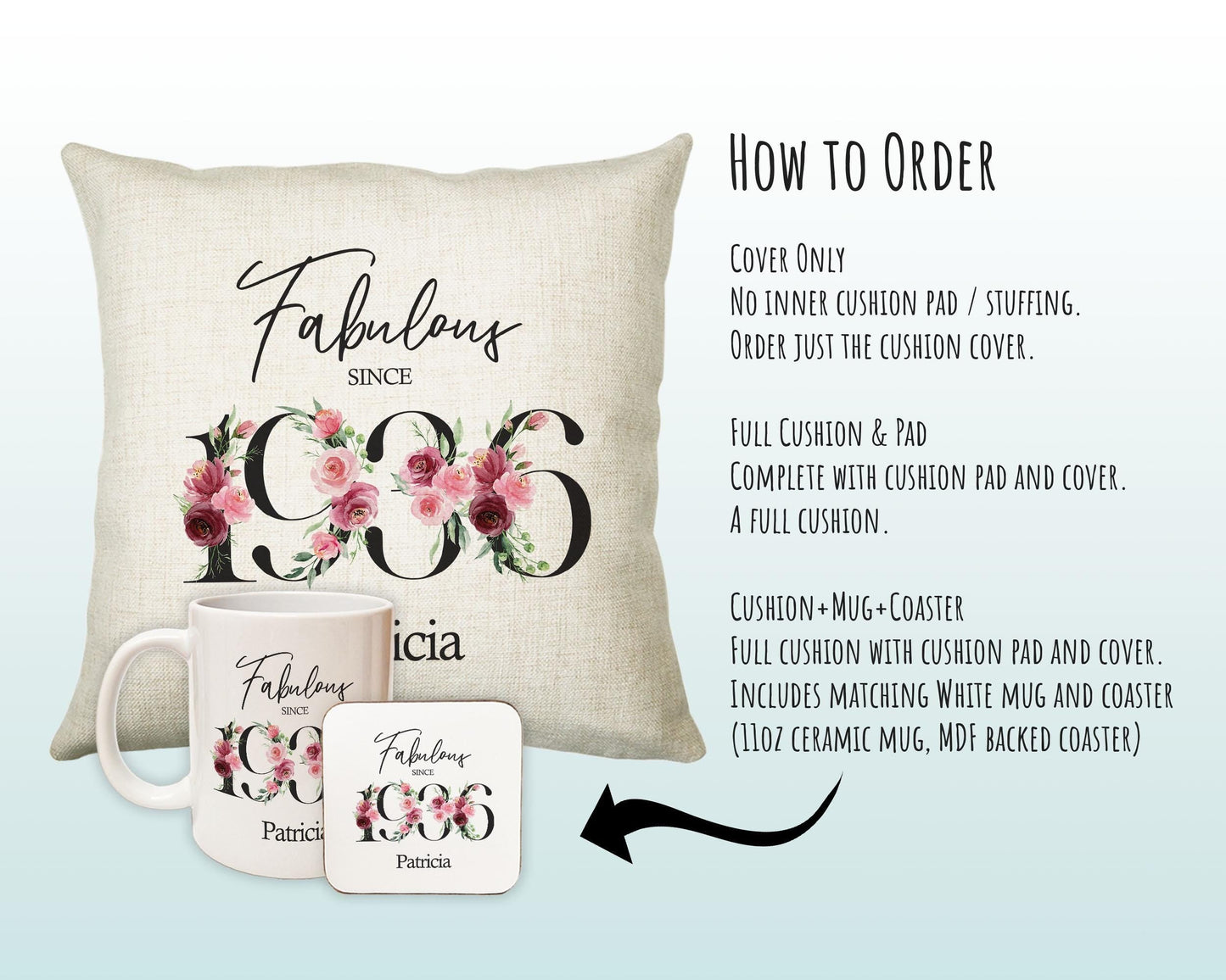 90th Birthday Gift for Women - Personalised 1936 Birthday Cushion Age 90 Gift for Her - Ladies Floral Age Design Mum Nan Gran Ninety BNC90C