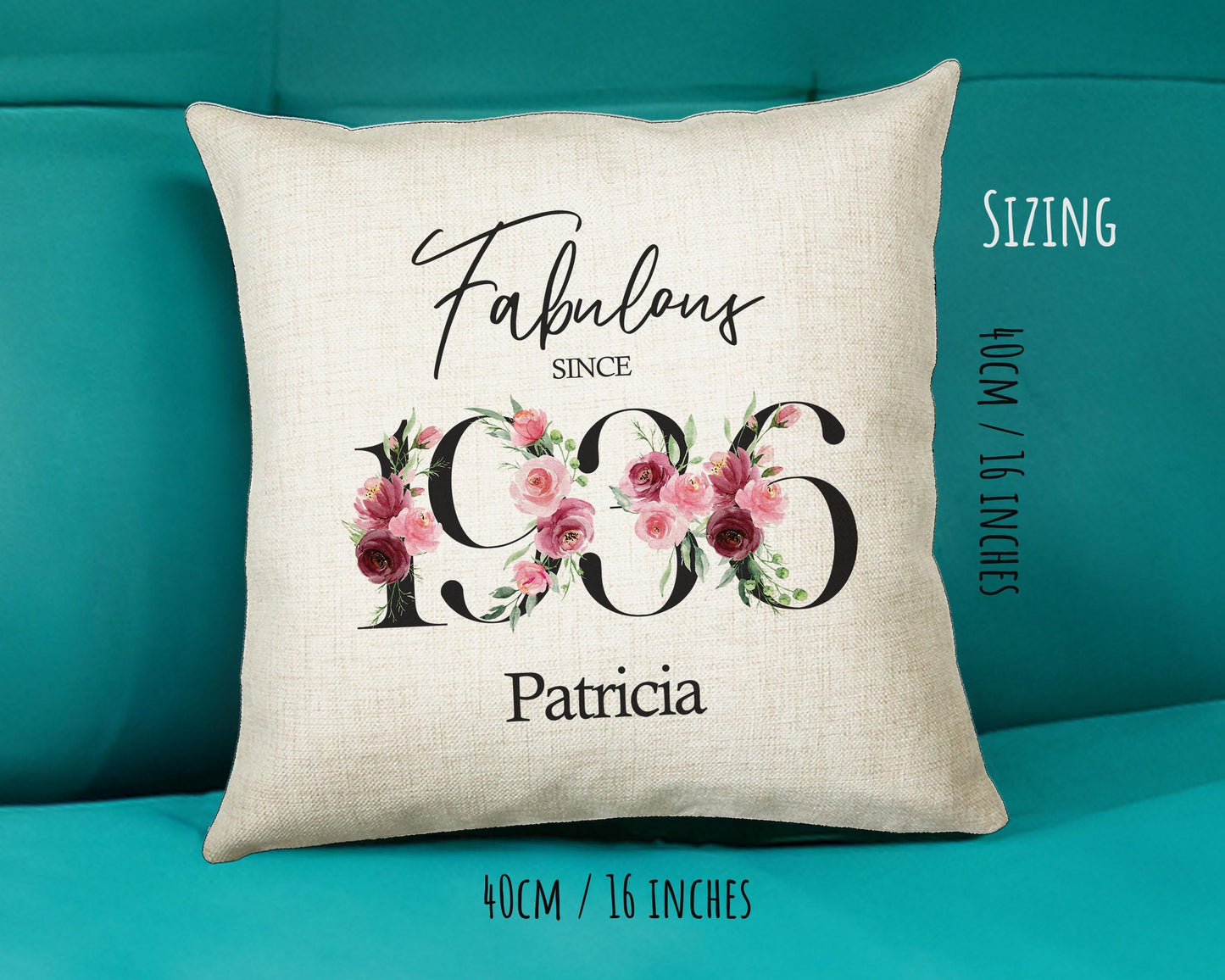 90th Birthday Gift for Women - Personalised 1936 Birthday Cushion Age 90 Gift for Her - Ladies Floral Age Design Mum Nan Gran Ninety BNC90C