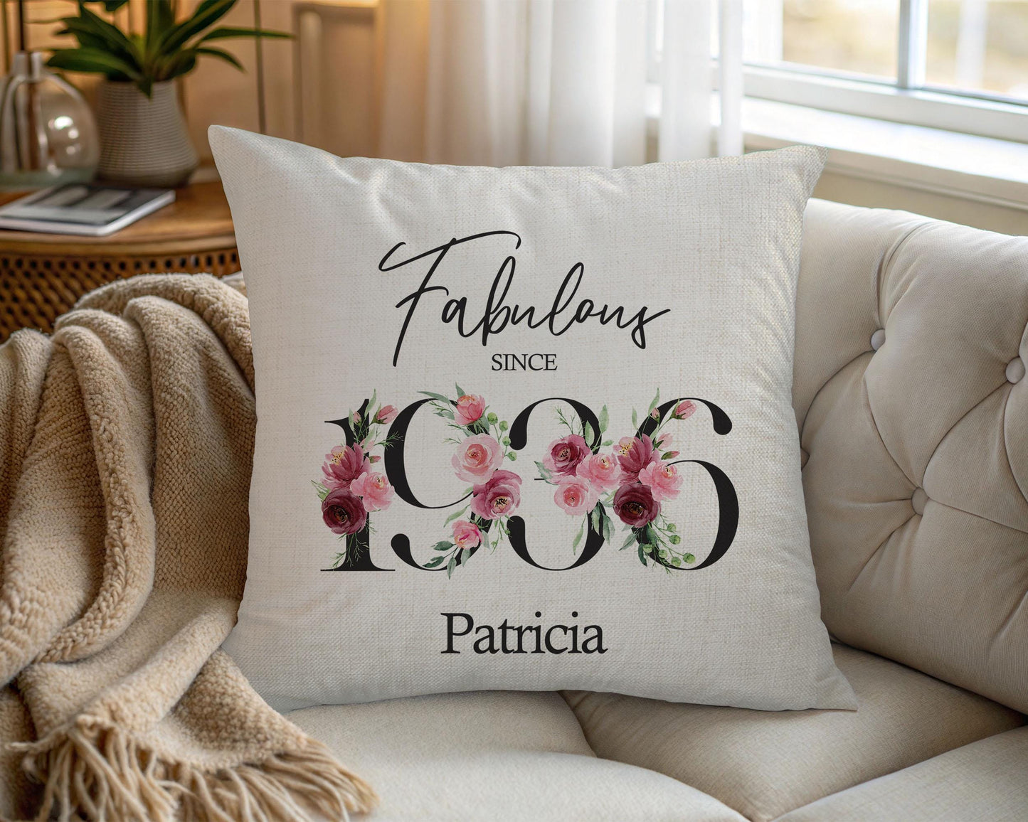 90th Birthday Gift for Women - Personalised 1936 Birthday Cushion Age 90 Gift for Her - Ladies Floral Age Design Mum Nan Gran Ninety BNC90C