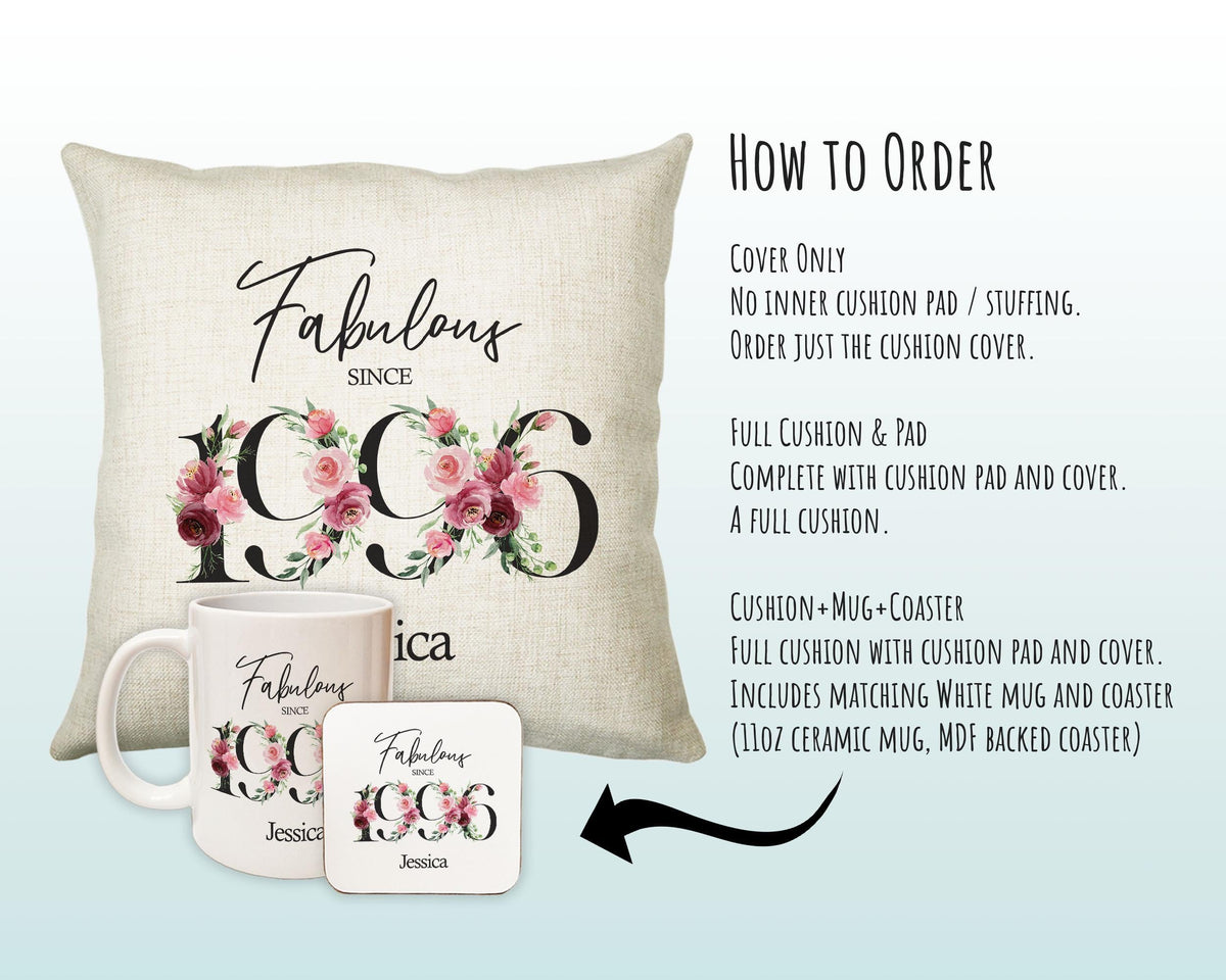 30th Birthday Gift for Her Personalised 1996 Birthday Cushion Age 30 Gift for Women - Ladies Floral Design Mum Daughter Sister Thirty BNC30C
