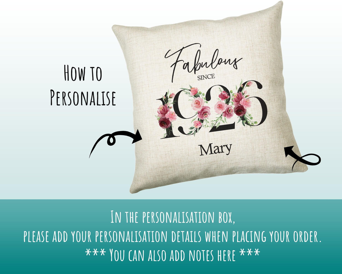100th Birthday Gift for Women - Personalised 1926 Birthday Cushion Age 100 Gift for Her - Ladies Floral Design Mum Nan Gran Hundred BNC100C