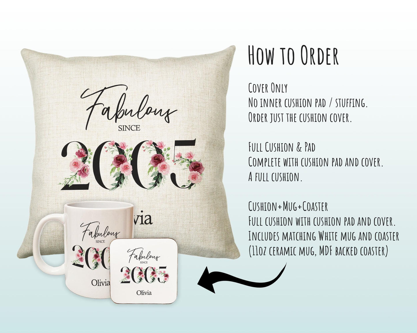 21st Birthday Gift for Women - Personalised 2005 Birthday Cushion Age 21 Gift for Her Lady Floral Design Daughter Sister Twenty One BNC21C