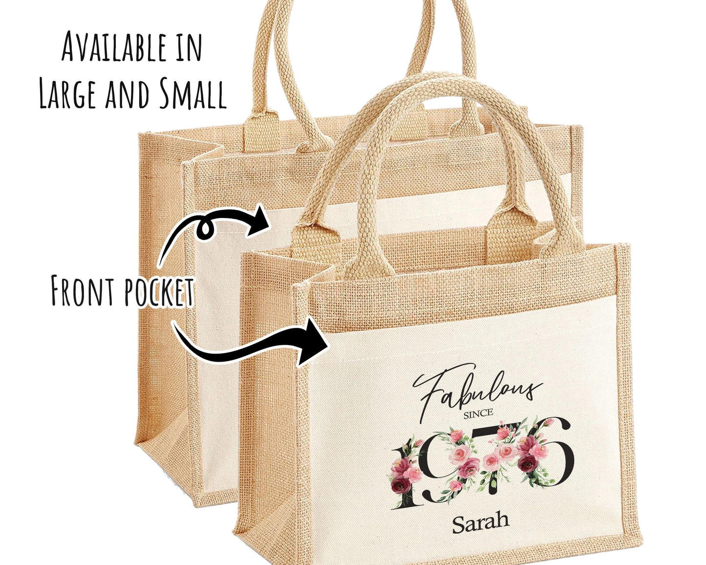 50th Birthday Gift For Women Personalised Jute Bag - Gift For Her Floral Tote Bag Gifts - Fifty 50 Fabulous Since 1976 Shopping Bag BNC50T