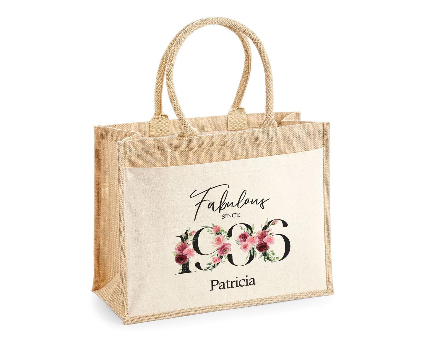 90th Birthday Gift For Women Personalised Jute Bag - Gift For Her Floral Tote Bag Gifts - Ninety 90 Fabulous Since 1936 Shopping Bag BNC90T