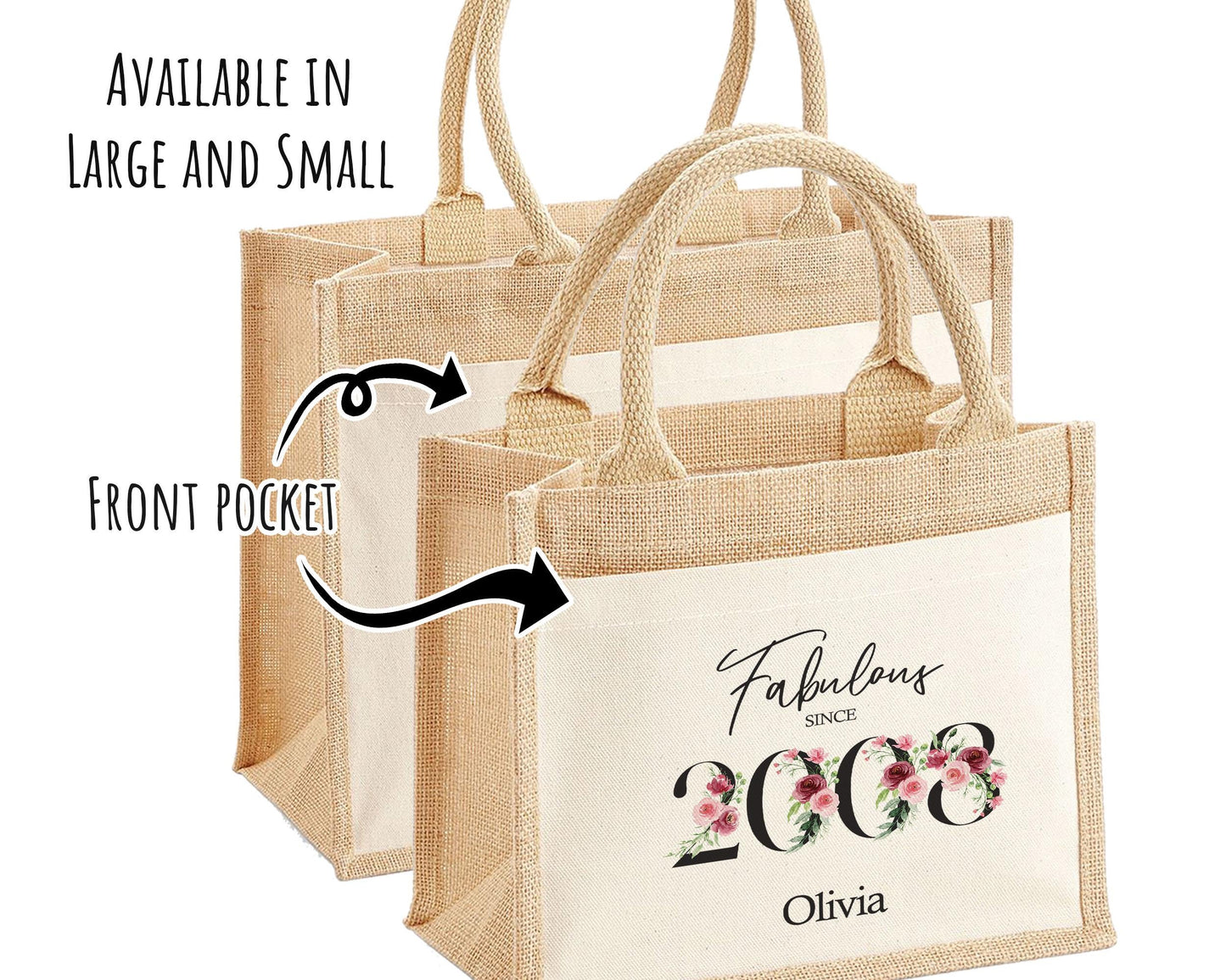 18th Birthday Gift For Women Personalised Jute Bag - Gift For Her Floral Tote Bag Gift - Eighteen 18 Fabulous Since 2008 Shopping Bag BNC18T