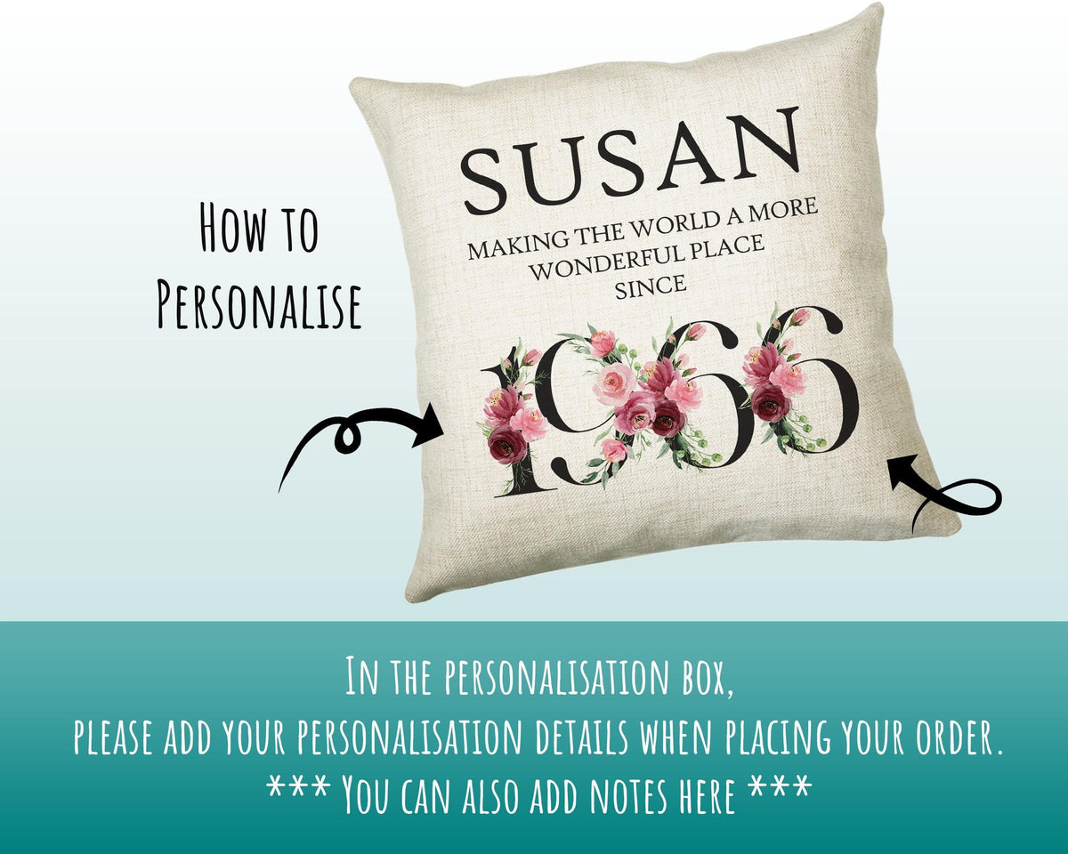 60th Birthday Gift for Women - Personalised 1966 Birthday Cushion Age 60 Gift for Her - Ladies Floral Age Design Mum Nan Gran Sixty BND60C