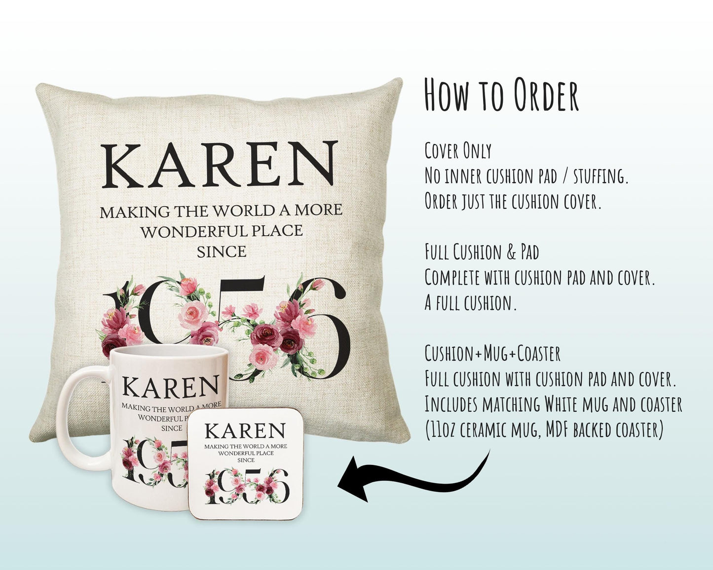 70th Birthday Gift for Women - Personalised 1956 Birthday Cushion Age 70 Gift for Her - Ladies Floral Design Mum Nan Gran Seventy BND70C