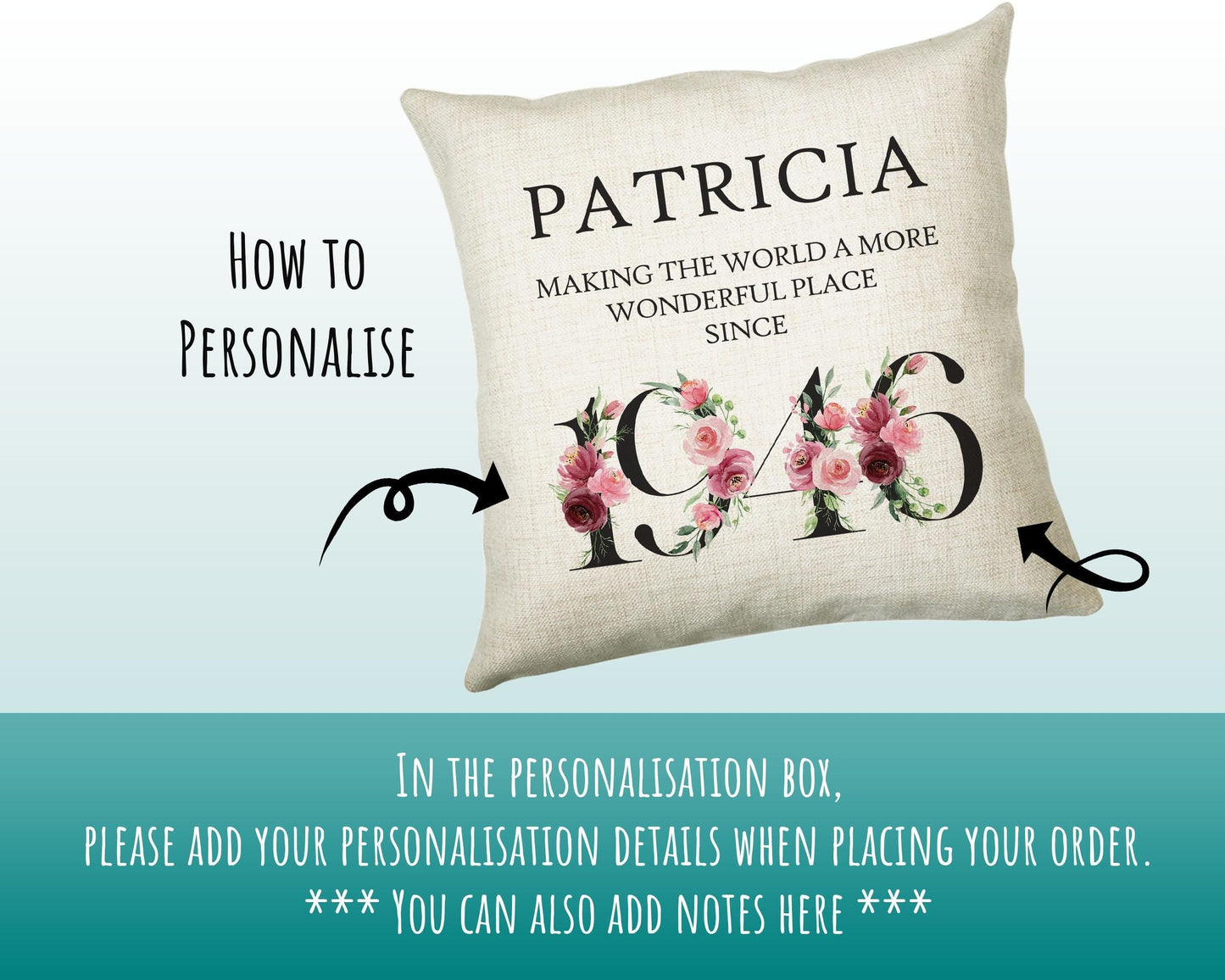 80th Birthday Gift for Women - Personalised 1946 Birthday Cushion Age 80 Gift for Her - Ladies Floral Age Design Mum Nan Gran Eighty BND80C