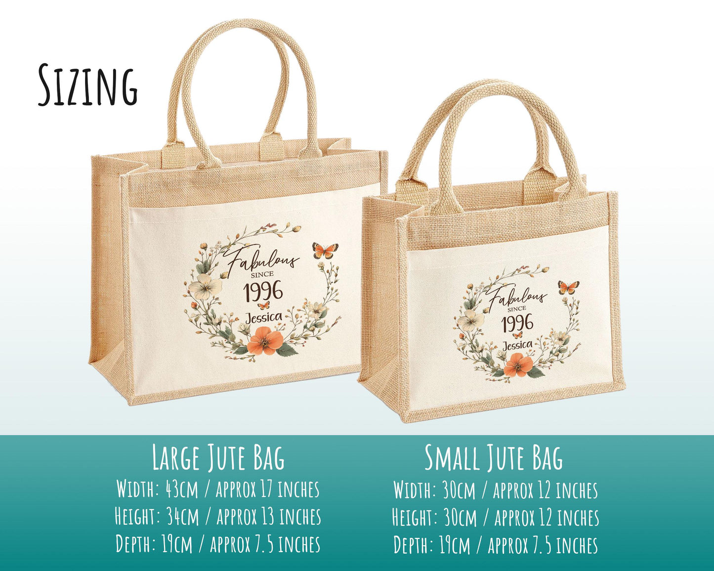 30th Birthday Gift For Her Personalised Jute Bag - Gift For Women Floral Tote Bag Gifts - Thirty 30 Fabulous Since 1996 Shopping Bag BNL30T