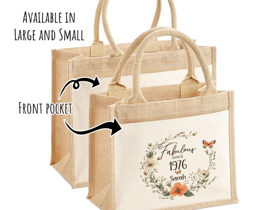 50th Birthday Gift For Women Personalised Jute Bag - Gift For Her Floral Tote Bag Gifts - Fifty 50 Fabulous Since 1976 Shopping Bag BNL50T