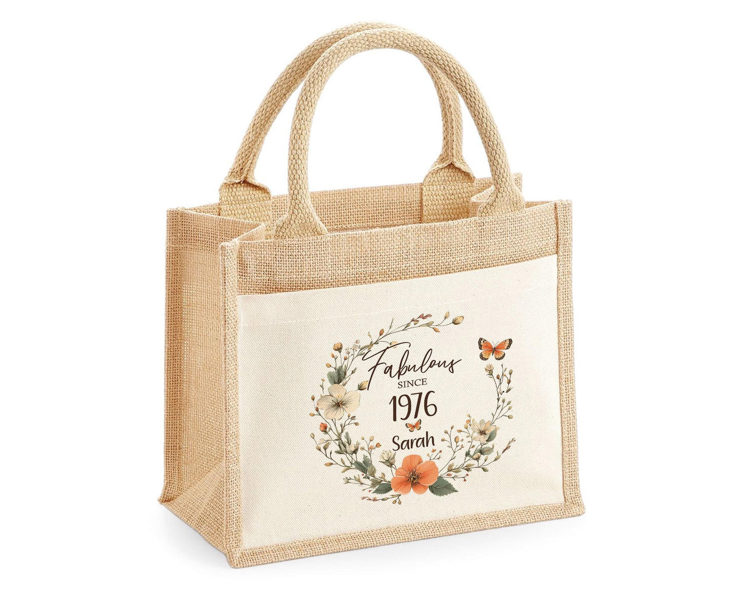 50th Birthday Gift For Women Personalised Jute Bag - Gift For Her Floral Tote Bag Gifts - Fifty 50 Fabulous Since 1976 Shopping Bag BNL50T