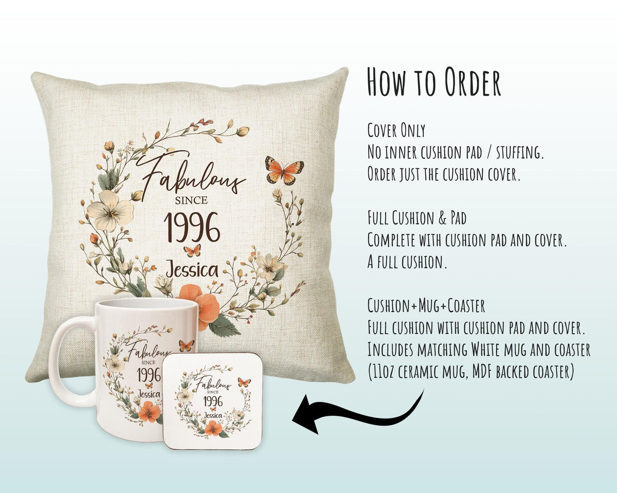 30th Birthday Gift for Her Personalised 1996 Birthday Cushion Age 30 Gift for Women - Ladies Floral Design Mum Daughter Sister Thirty BNL30C