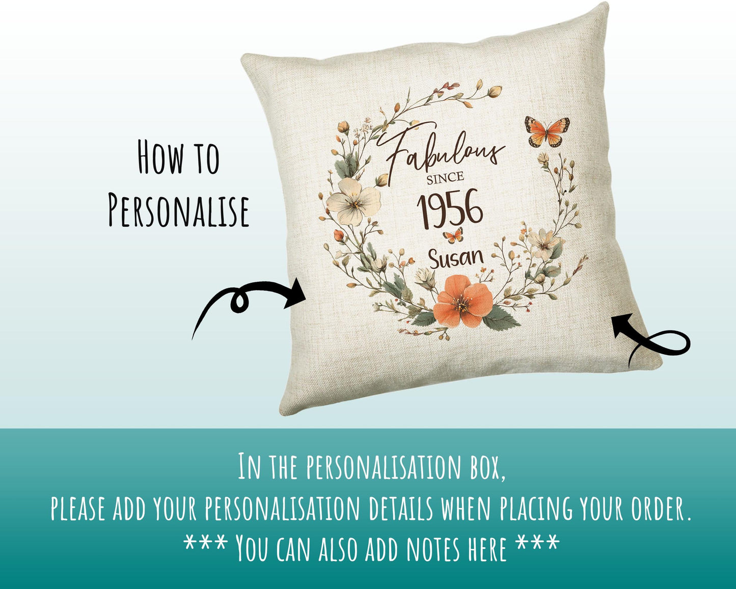 70th Birthday Gift for Women - Personalised 1956 Birthday Cushion Age 70 Gift for Her - Ladies Floral Design Mum Nan Gran Seventy BNL70C