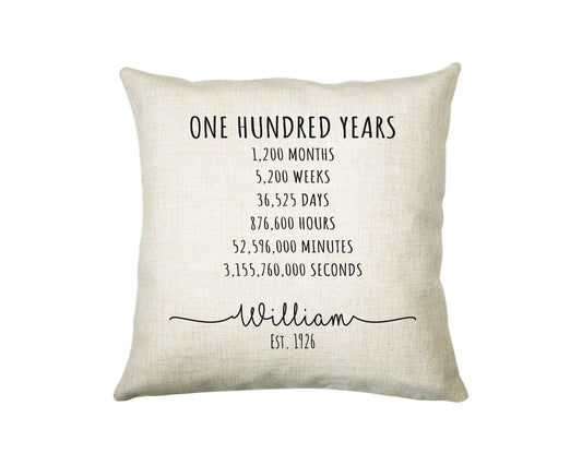 100th Birthday Gift for Men - Personalised Birthday Cushion Age 100 Gift for Him Mens Years Months Weeks Design Dad Grandad Hundred BNE100C