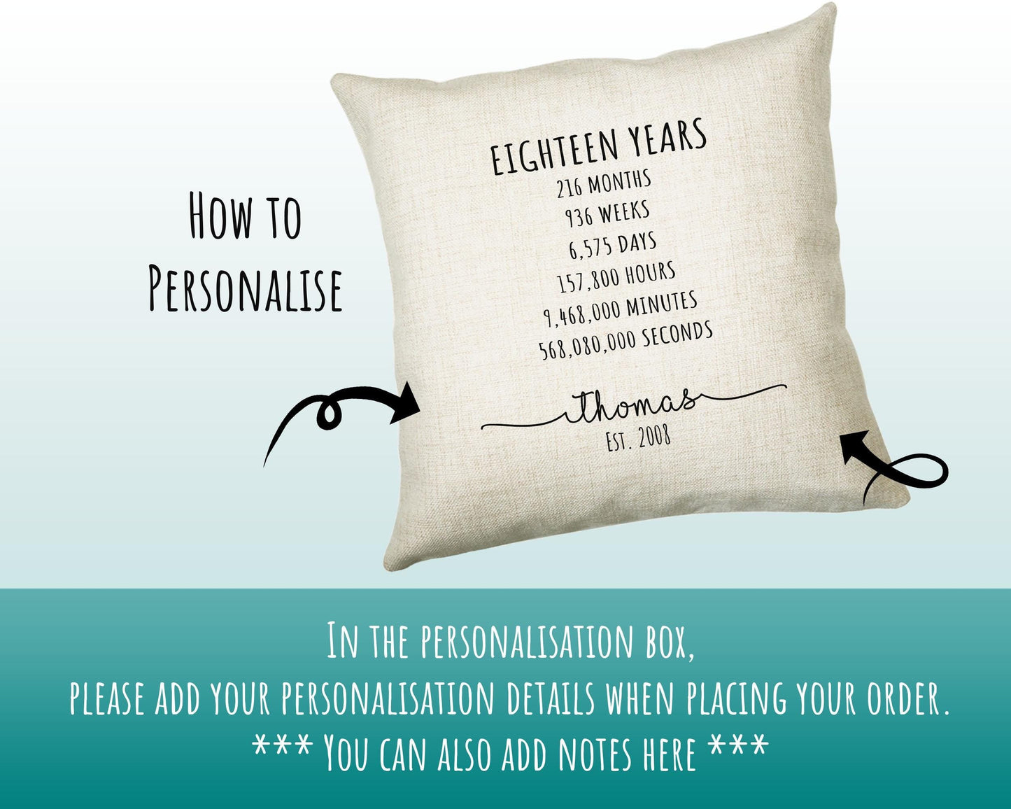 18th Birthday Gift for Men - Personalised Birthday Cushion Age 18 Gift for Him Mens Years Months Weeks Design - Son Brother Eighteen BNE18C