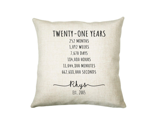21st Birthday Gift for Men - Personalised Birthday Cushion Age 21 Gift for Him Mens Years Months Weeks Design Son Brother Twenty One BNE21C