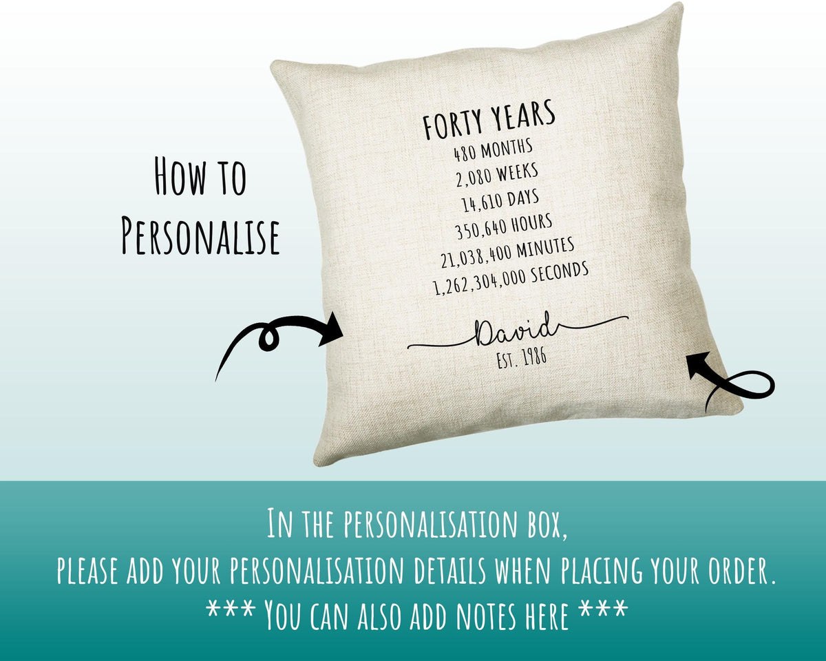 40th Birthday Gift for Men - Personalised Birthday Cushion Age 40 Gift for Him Mens Years Months Weeks Design - Dad Brother Son Forty BNE40C