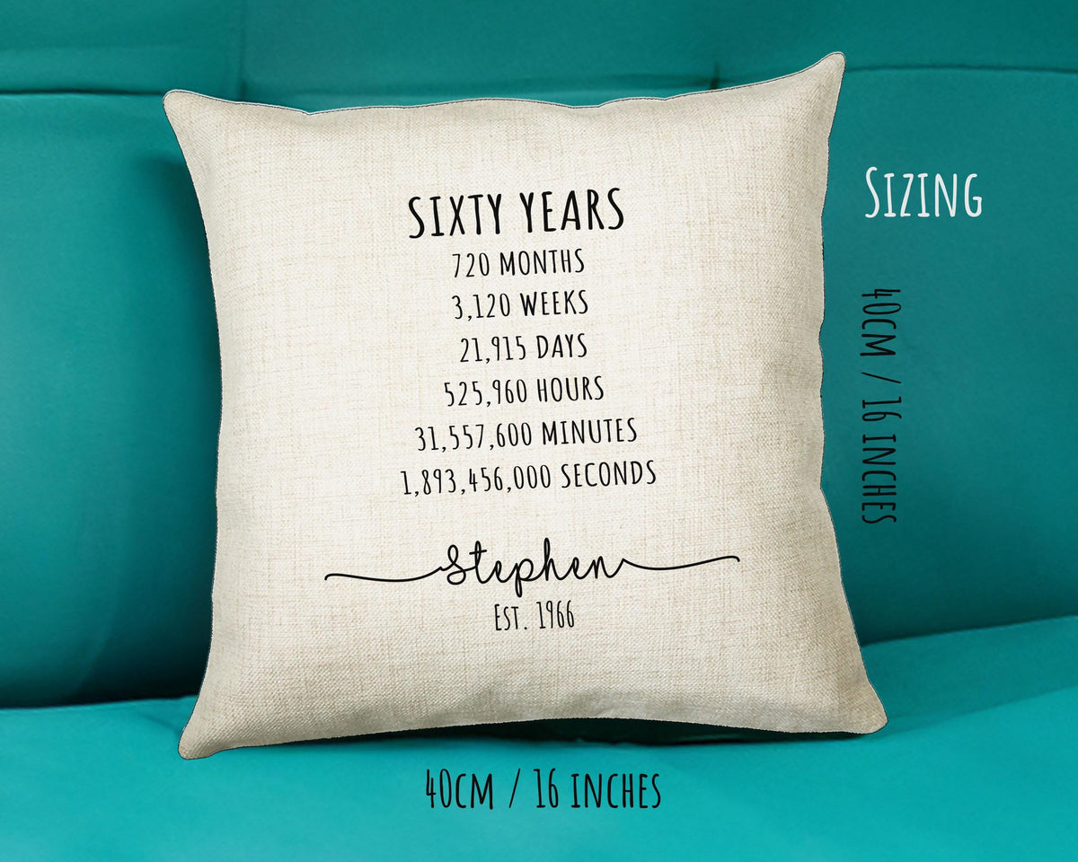60th Birthday Gift for Men - Personalised Birthday Cushion Age 60 Gift for Him Mens Years Months Weeks Design Son Brother Sixty BNE60C
