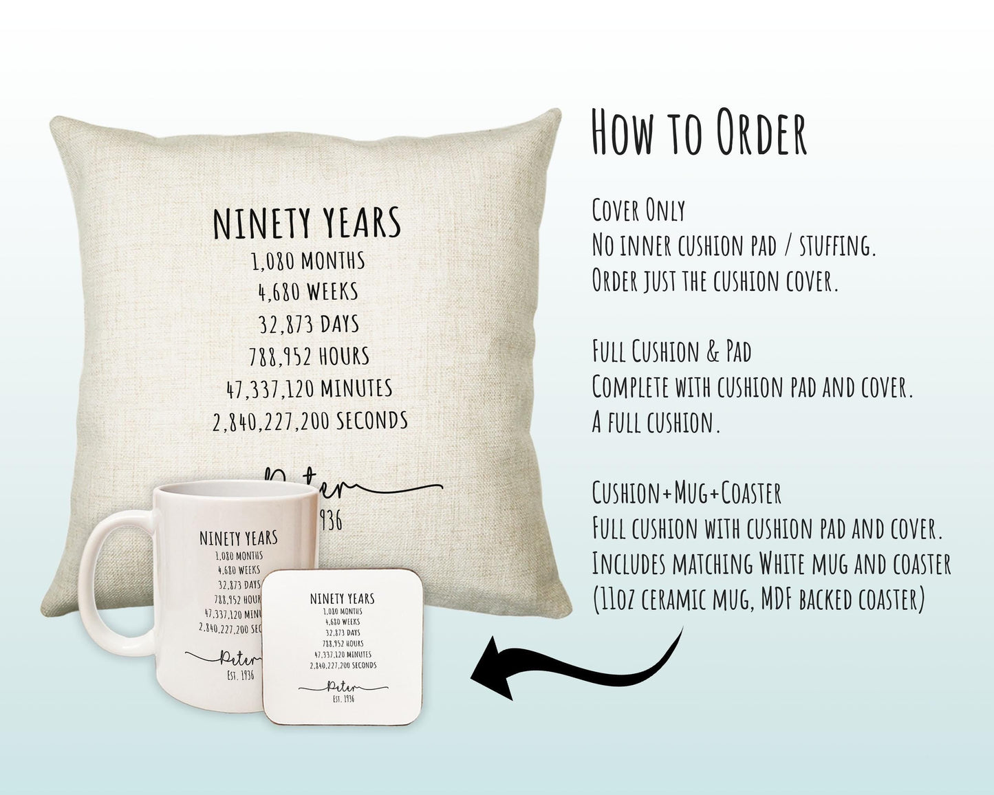 90th Birthday Gift for Men - Personalised Birthday Cushion Age 90 Gift for Him Mens Years Months Weeks Design Dad Grandad Ninety BNE90C