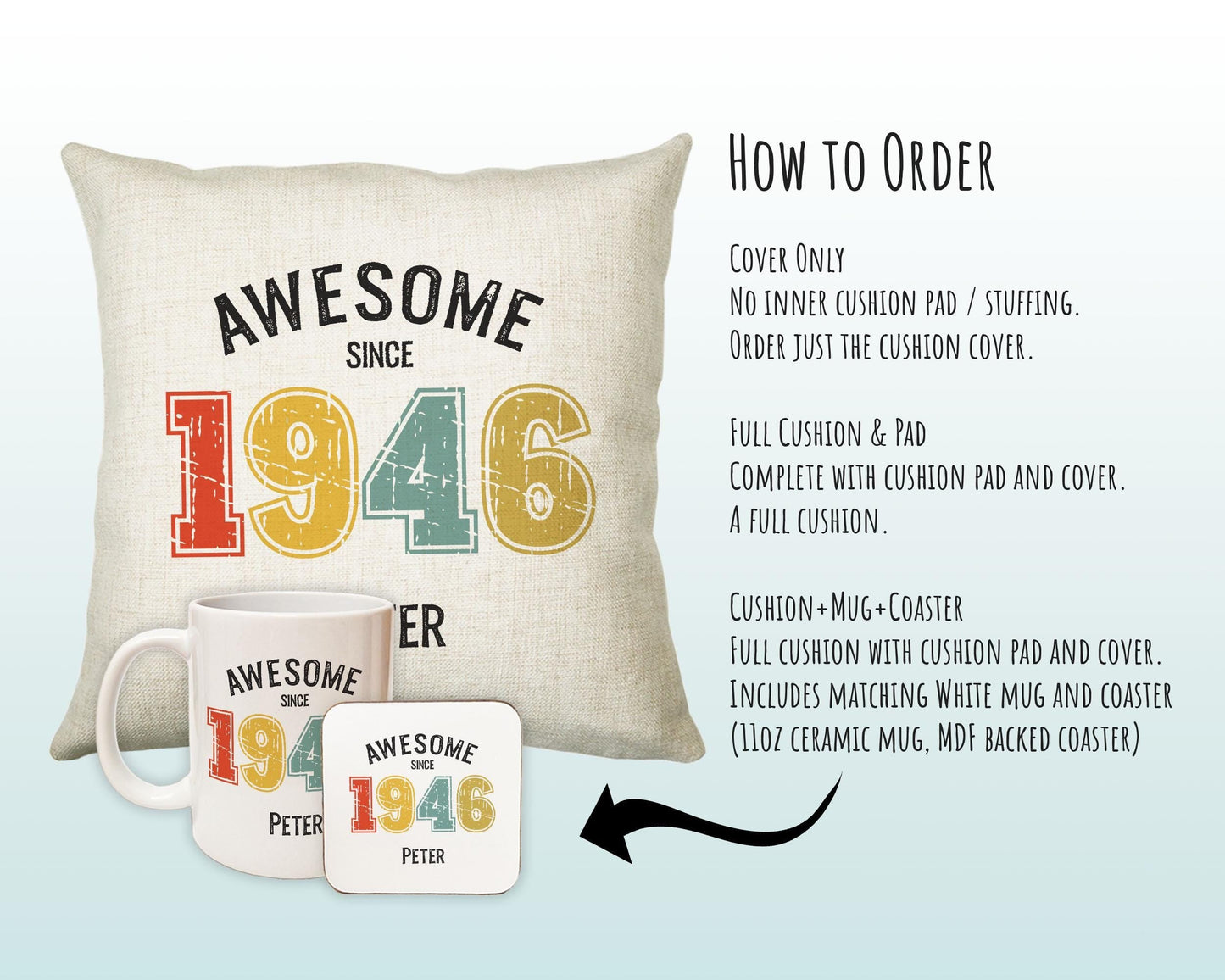 80th Birthday Gift for Men - Personalised Birthday Cushion Age 80 Gift for Him Custom Retro Vintage Number Design Dad Grandad Eighty BNG80C