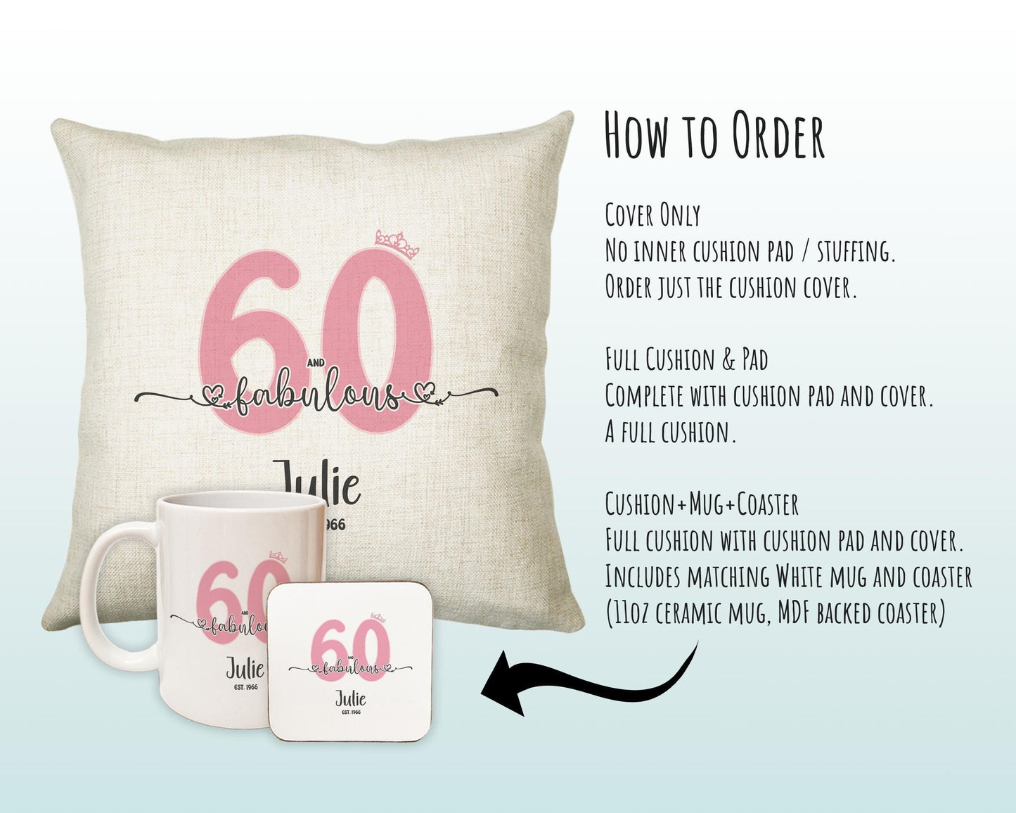 60th Birthday Gift for Women 60 and Fabulous Est 1966 Personalised Birthday Cushion Gift for Her Ladies Pink Design Mum Nanny Sixty BNH60C