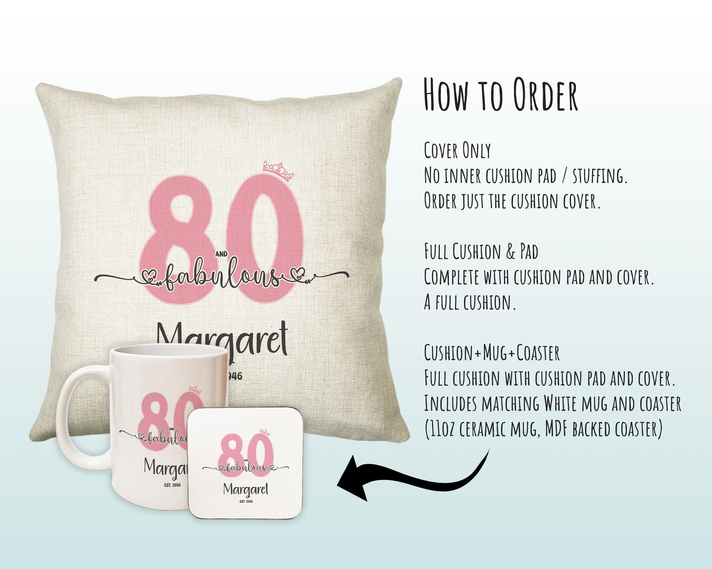 80th Birthday Gift for Women 80 and Fabulous Est 1946 Personalised Birthday Cushion Gift for Her Ladies Pink Design Mum Nanny Eighty BNH80C