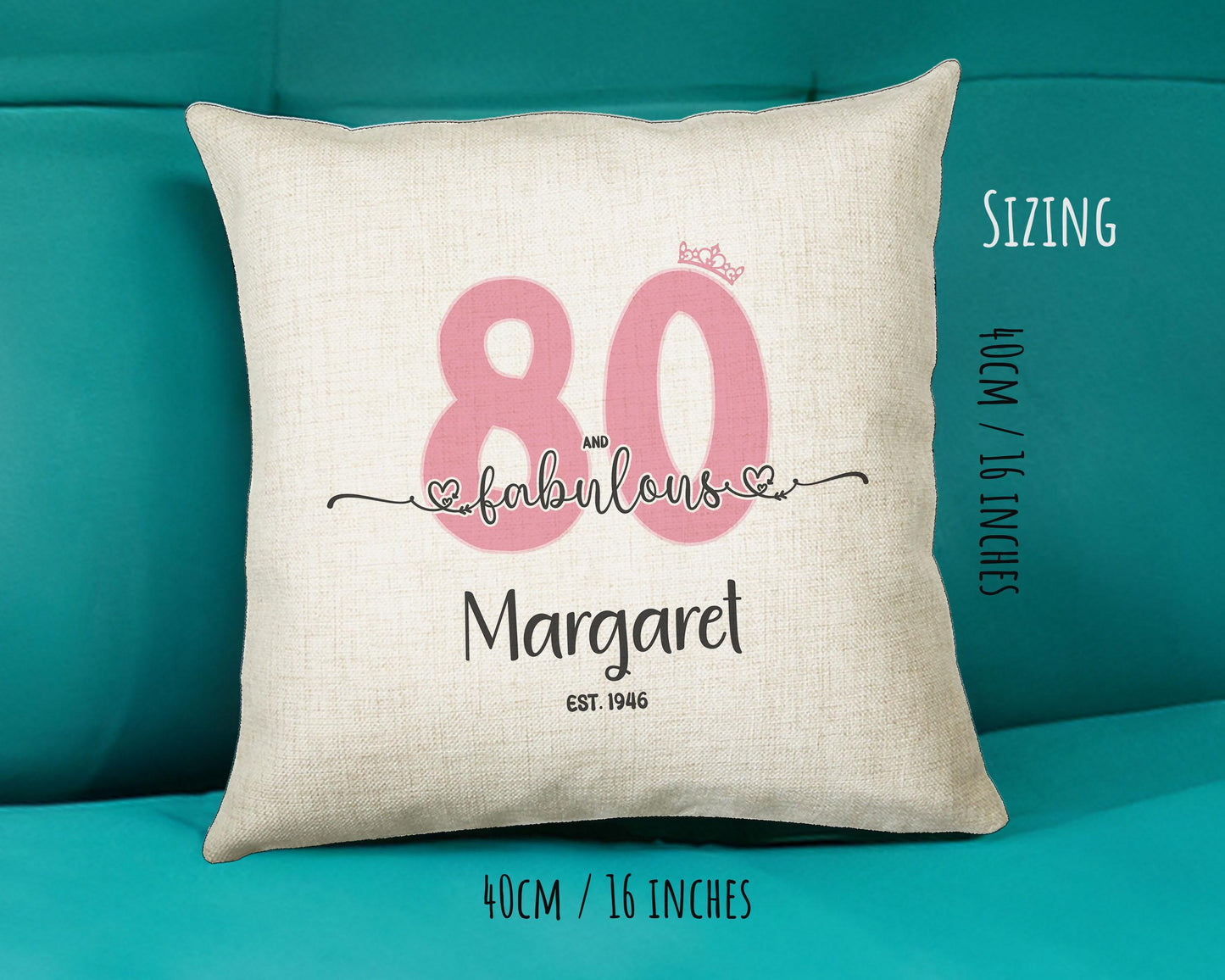 80th Birthday Gift for Women 80 and Fabulous Est 1946 Personalised Birthday Cushion Gift for Her Ladies Pink Design Mum Nanny Eighty BNH80C
