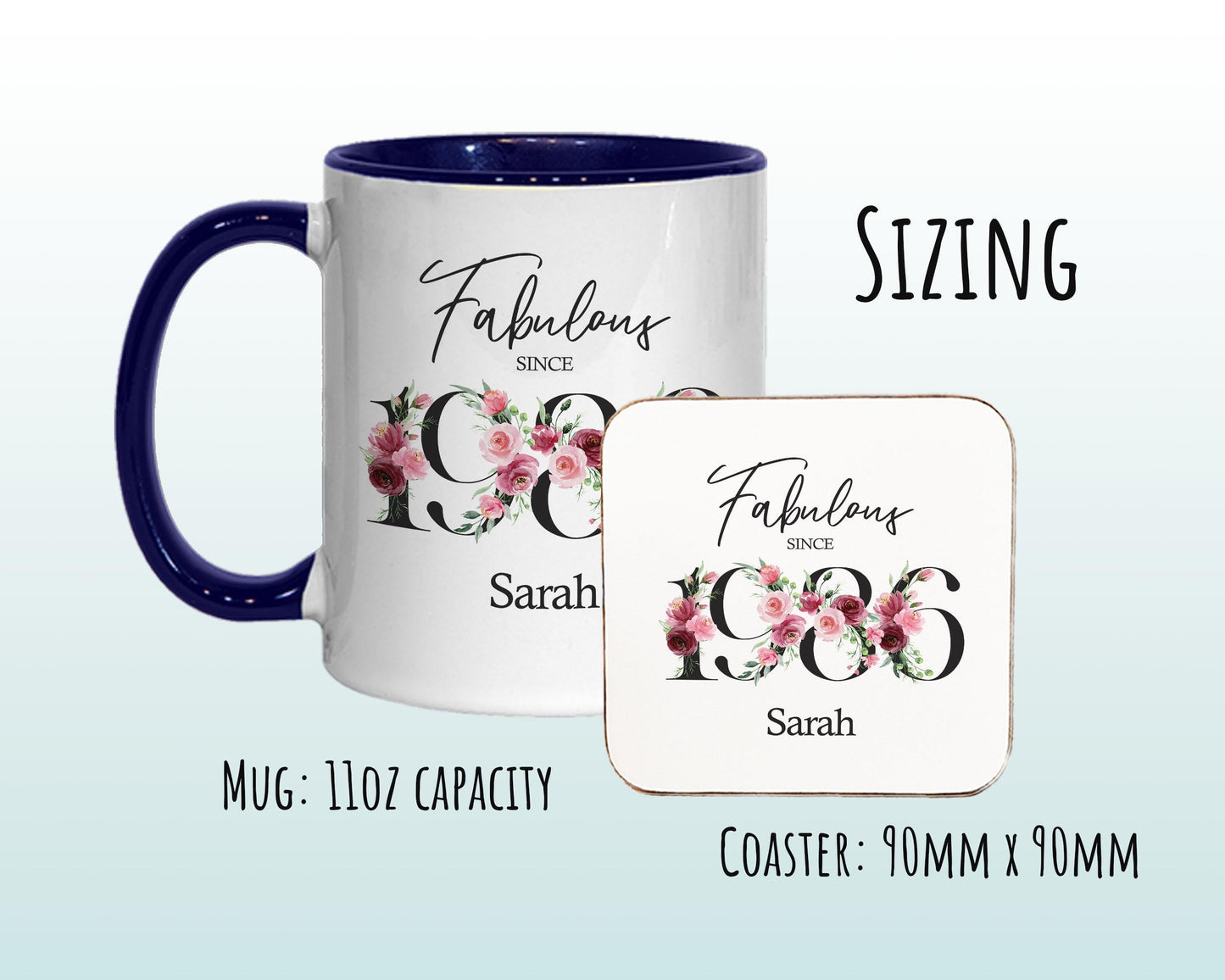 40th Birthday Gift for Women - Fabulous Since 1986 Personalised Coffee Mug Coaster Age 40 Gift for Her - Ladies Floral Design Mum Nan BNC40M