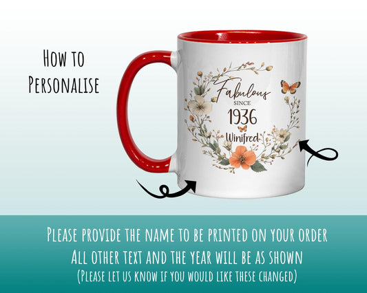 90th Birthday Gift for Women - Fabulous Since 1936 Personalised Mug Coaster Age 90 Gift for Her Ladies Floral Butterfly Mum Nan BNL90M