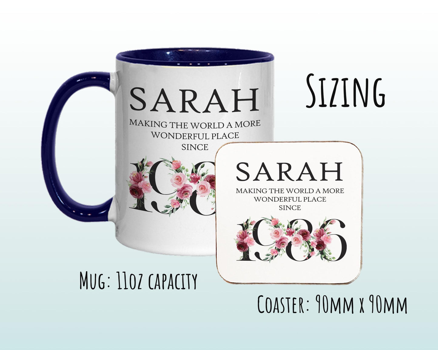 40th Birthday Gift for Women - Wonderful Since 1986 Personalised Coffee Mug Coaster Age 40 Gift for Her Ladies Floral Design Mum Nan BND40M