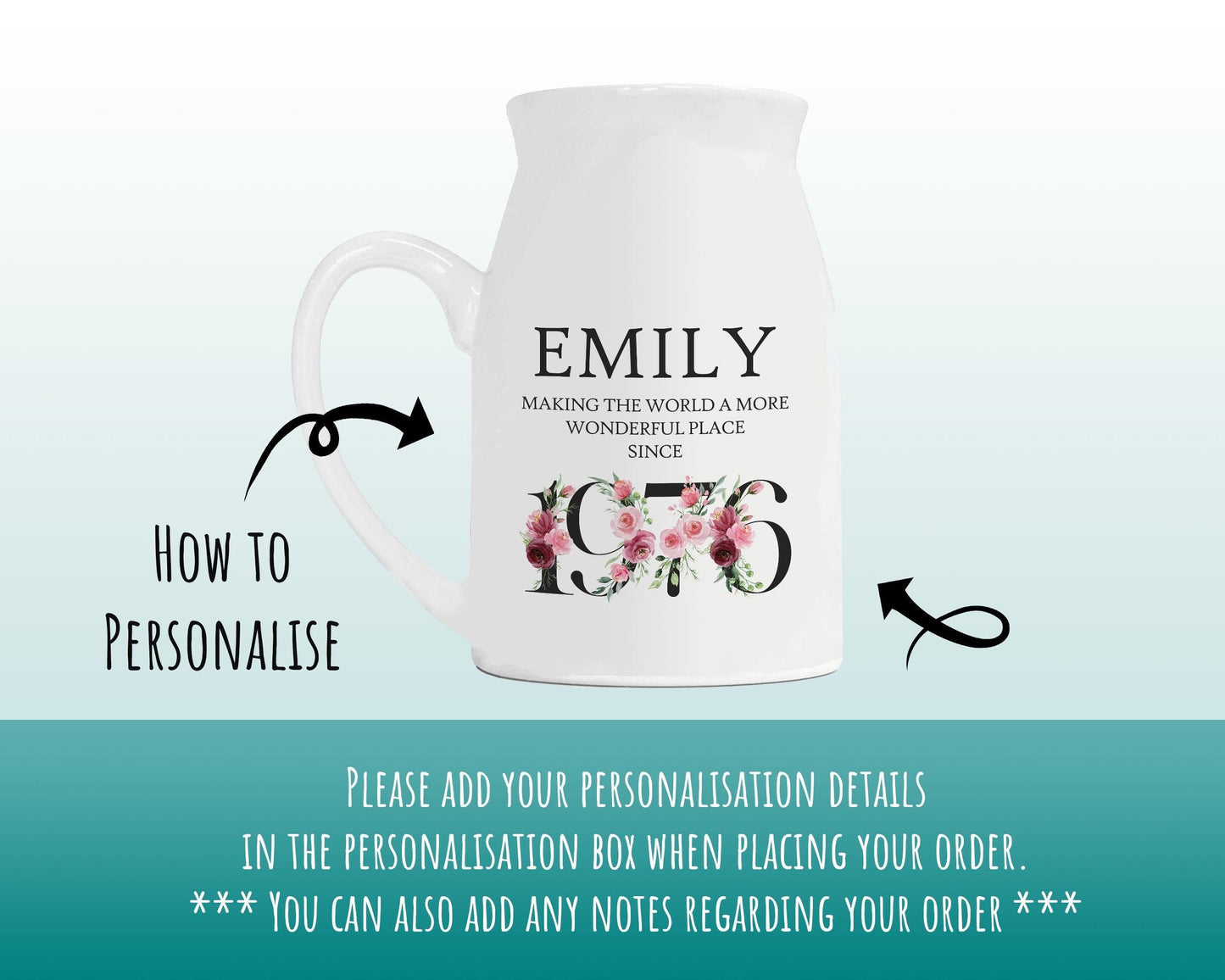 50th Birthday Gift for Women - Wonderful since 1976 Small Personalised Flower Pot Vase 50 Gift for Her Ladies Floral Design Mum Nan BND50