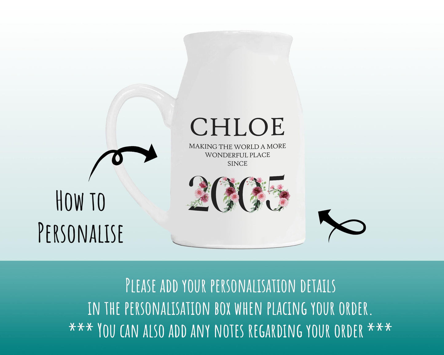 21st Birthday Gift for Her - Wonderful since 2005 Small Personalised Flower Pot Vase 21 Gift for Women Floral Design Daughter Sister BND21