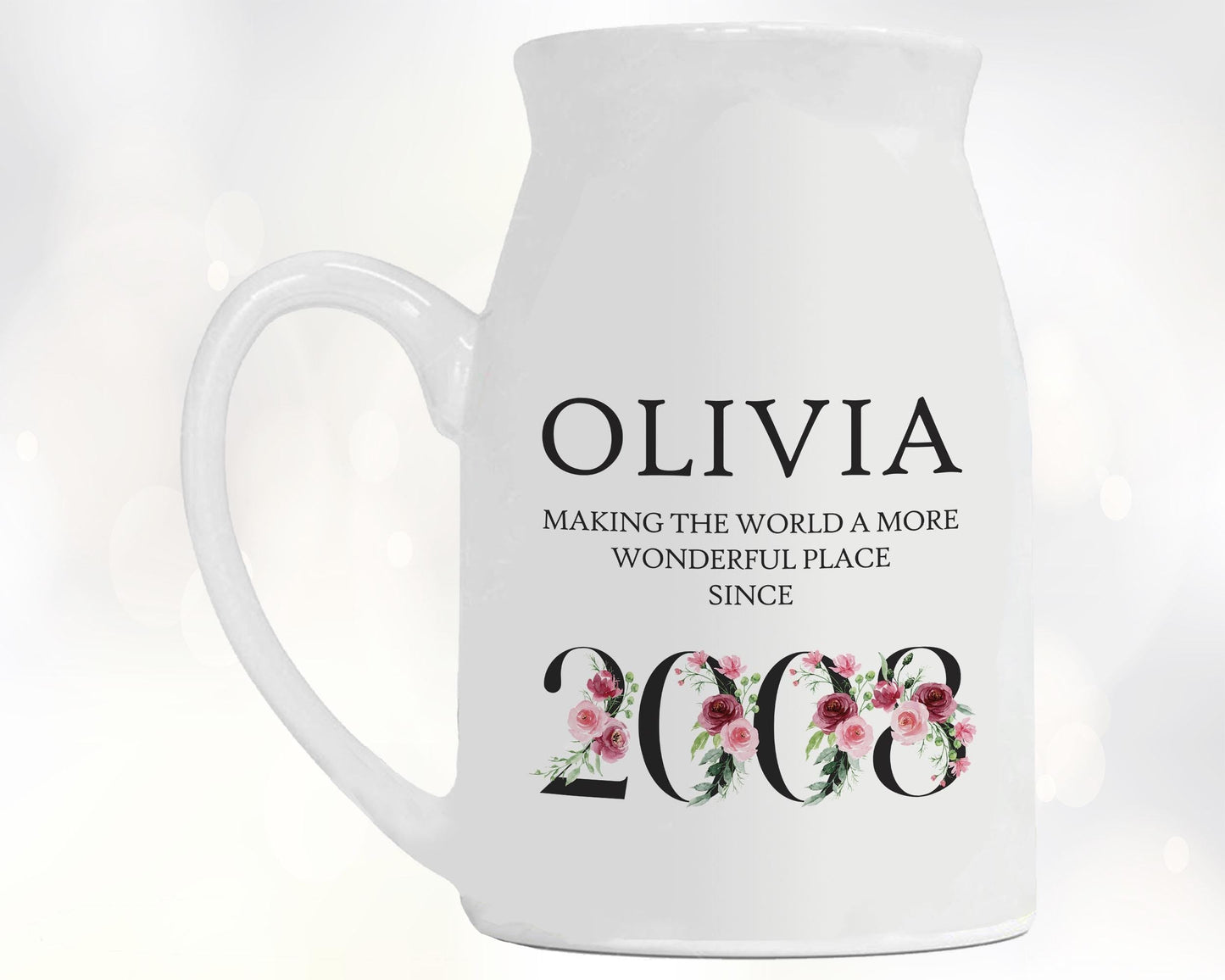 18th Birthday Gift for Her - Wonderful since 2008 Small Personalised Flower Pot Vase 18 Gift for Women Floral Design Daughter Sister BND18