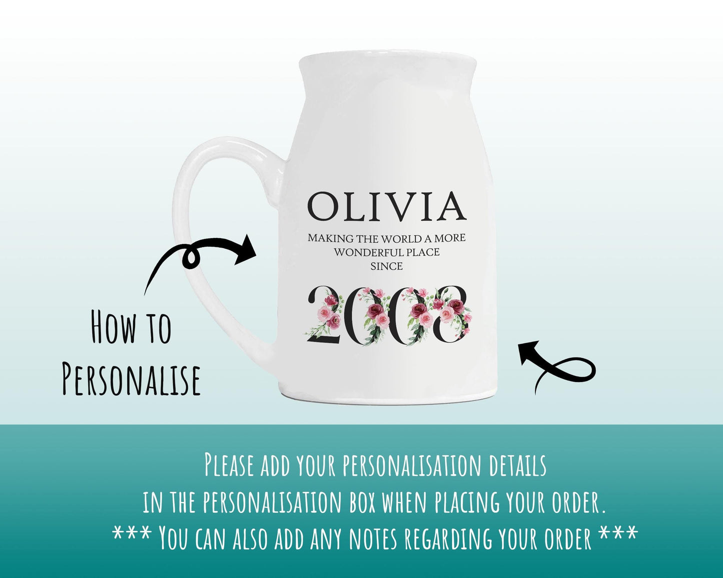 18th Birthday Gift for Her - Wonderful since 2008 Small Personalised Flower Pot Vase 18 Gift for Women Floral Design Daughter Sister BND18