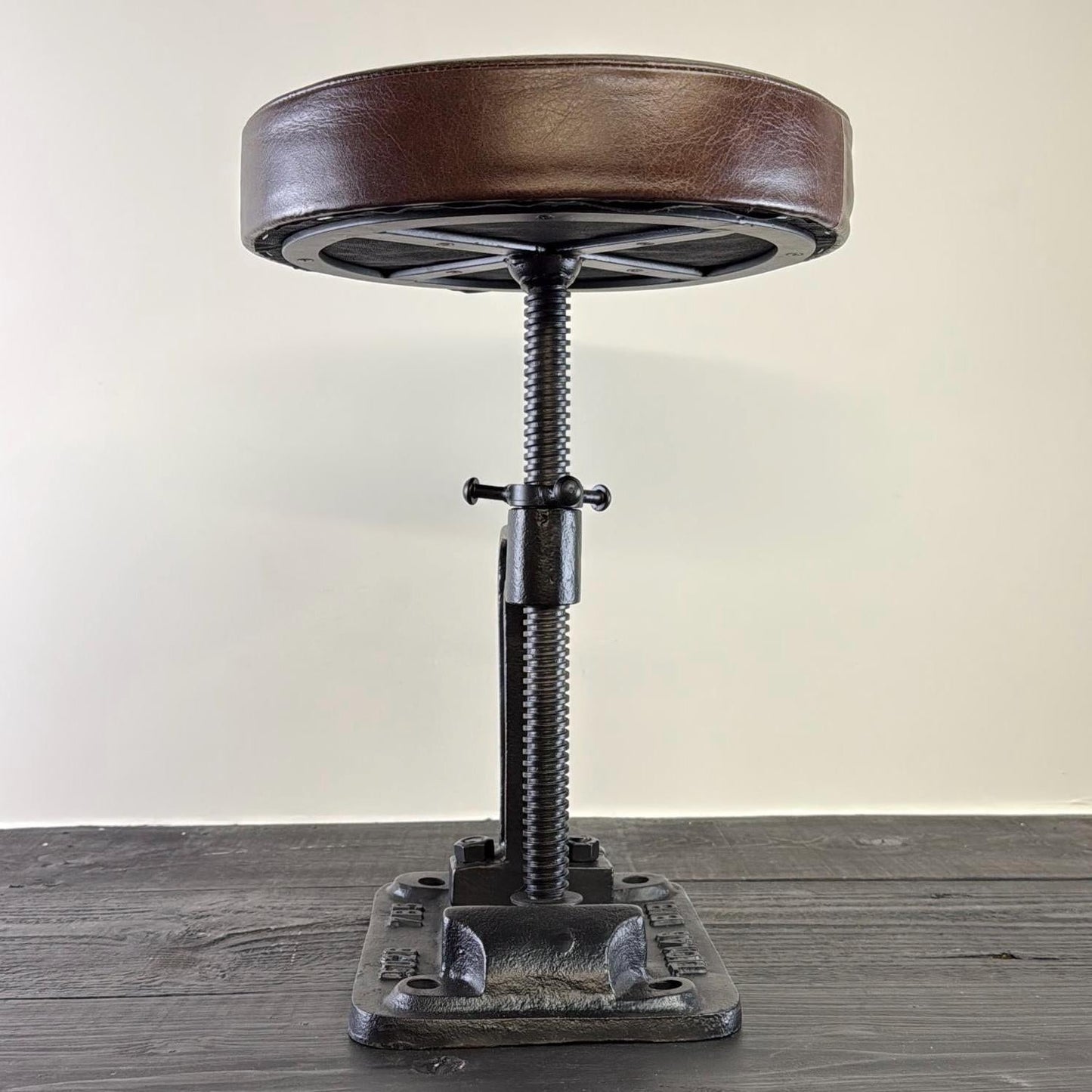 Vice Clamp Adjustable Stool | Cast Iron Industrial Seat | Leather Top