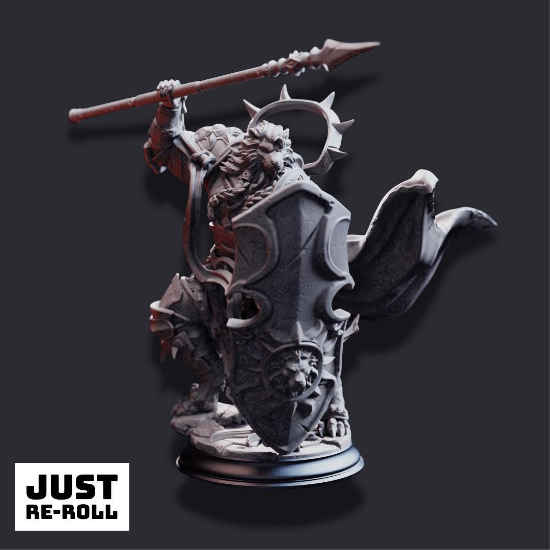 Kigari Solheart Paladin Miniature – Lionfolk Warrior, Tabletop Gaming Figure (Grey Resin)