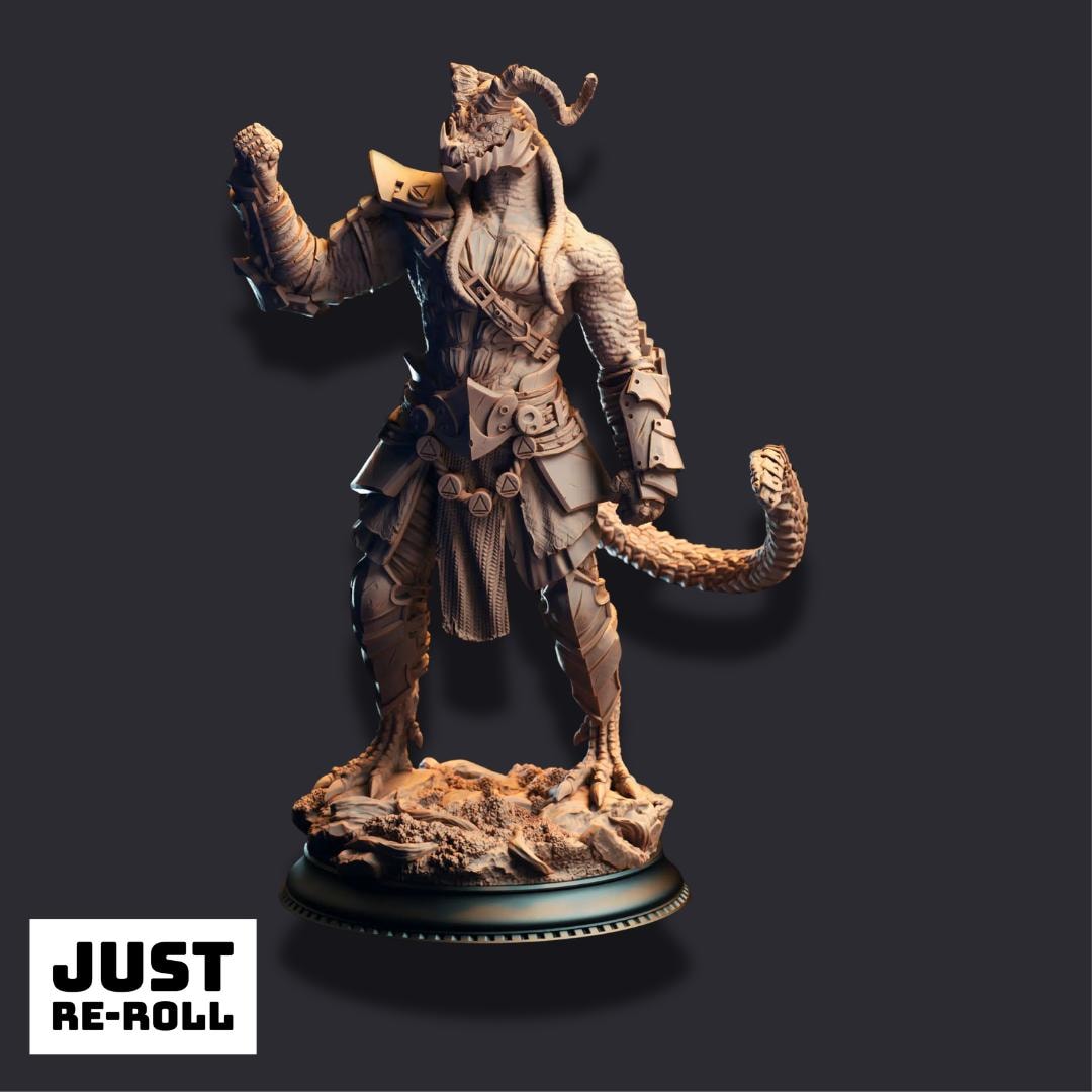 Vaakrin Steeljaw – Black Dragonkin Fighter - 3D Printed Barbarian Character Miniature