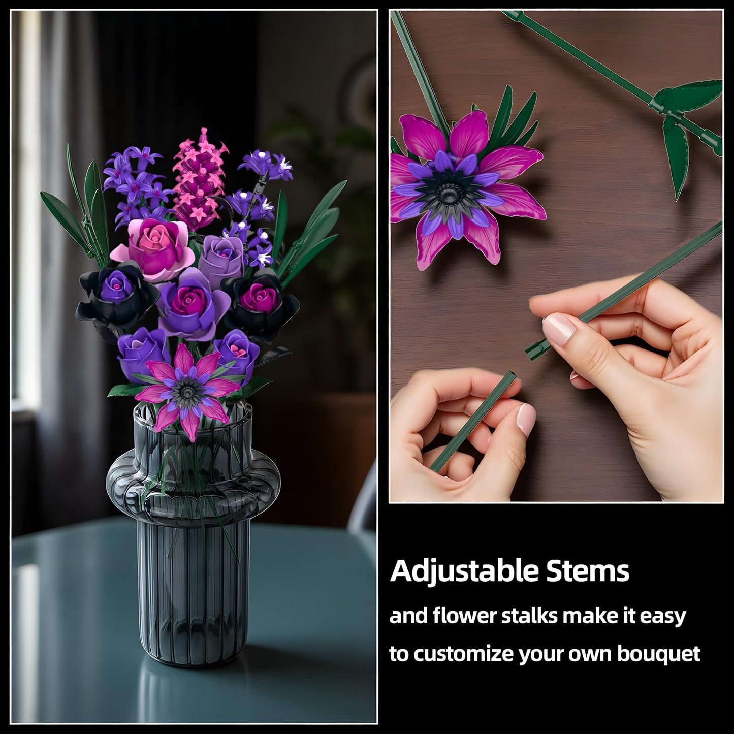 iLacven Purple Rose Flowers Bouquet Building Set – Gothic Decor for Home, Office, and Gifts